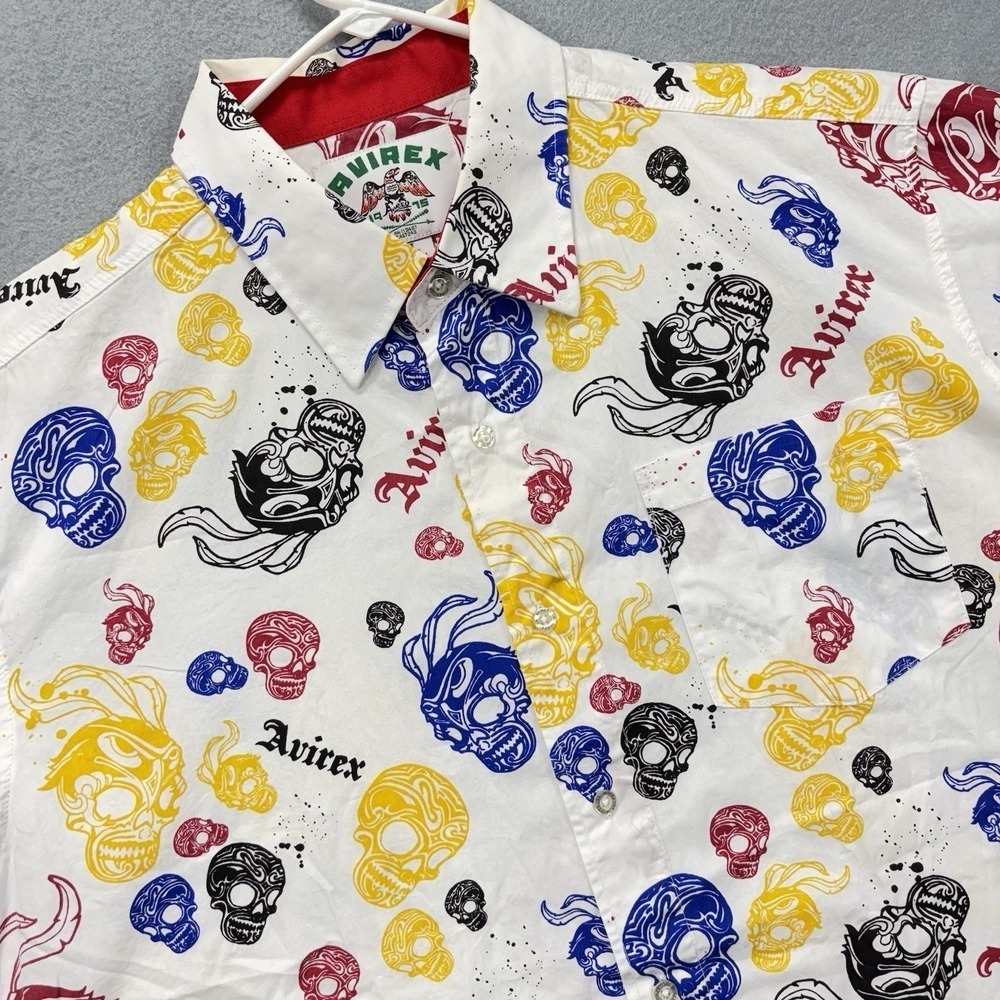 Vintage Avirex Shirt Mens XL Skull All Over Print‎ Button Up White Grunge Y2K